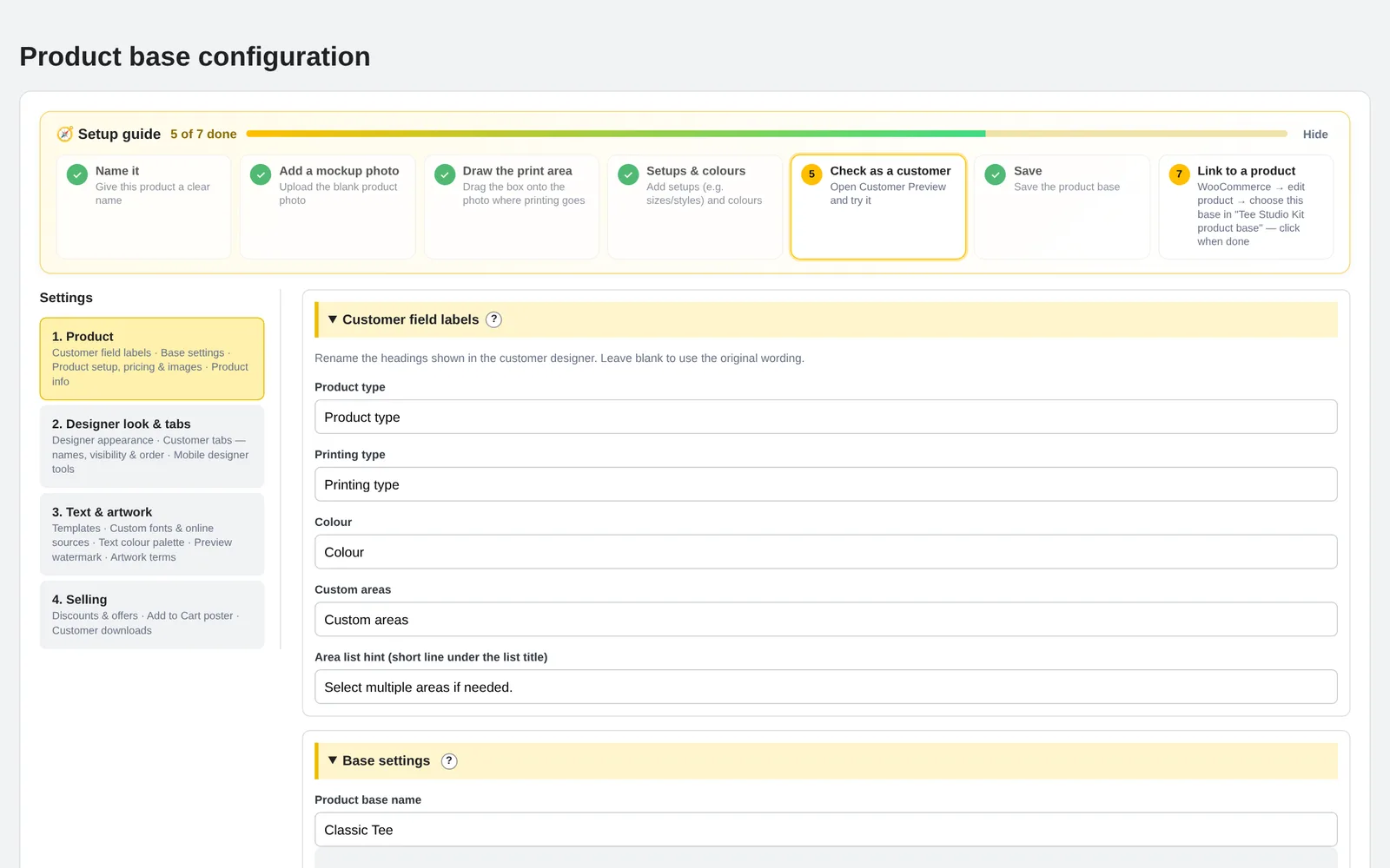 Product base editor in WordPress admin with a seven-step setup guide and grouped settings
