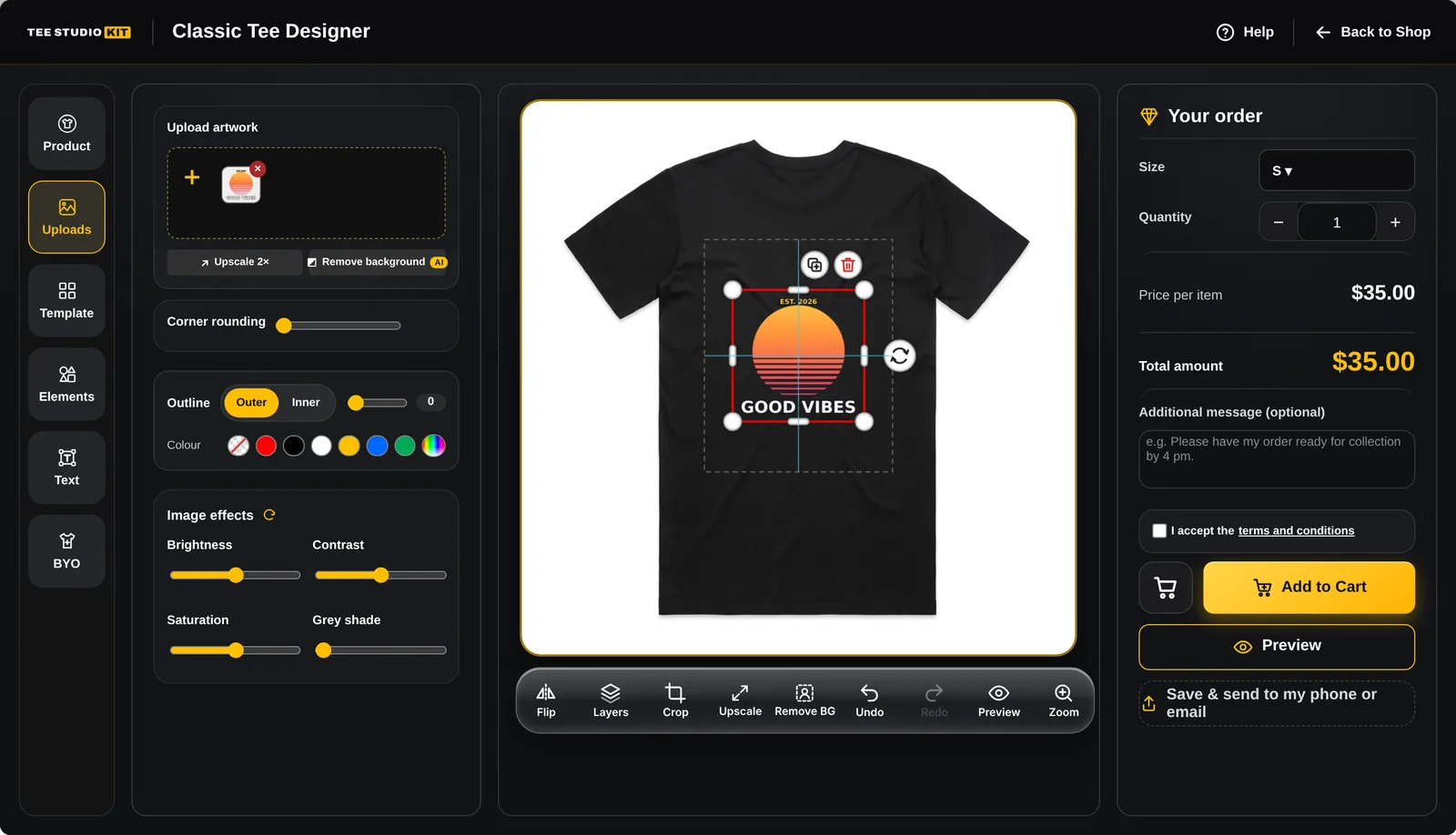Customer designer on desktop: a black tee with a sunset graphic placed in the front print area, tool rail on the left, order panel with size, quantity and total on the right