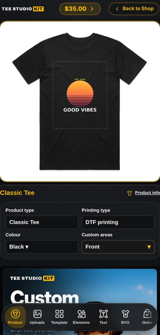 The same designer on a phone with a running price in the header and tabs along the bottom
